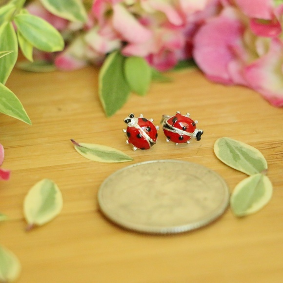 925 Sterling Silver Ladybug Stud Earrings - Picture 3 of 8